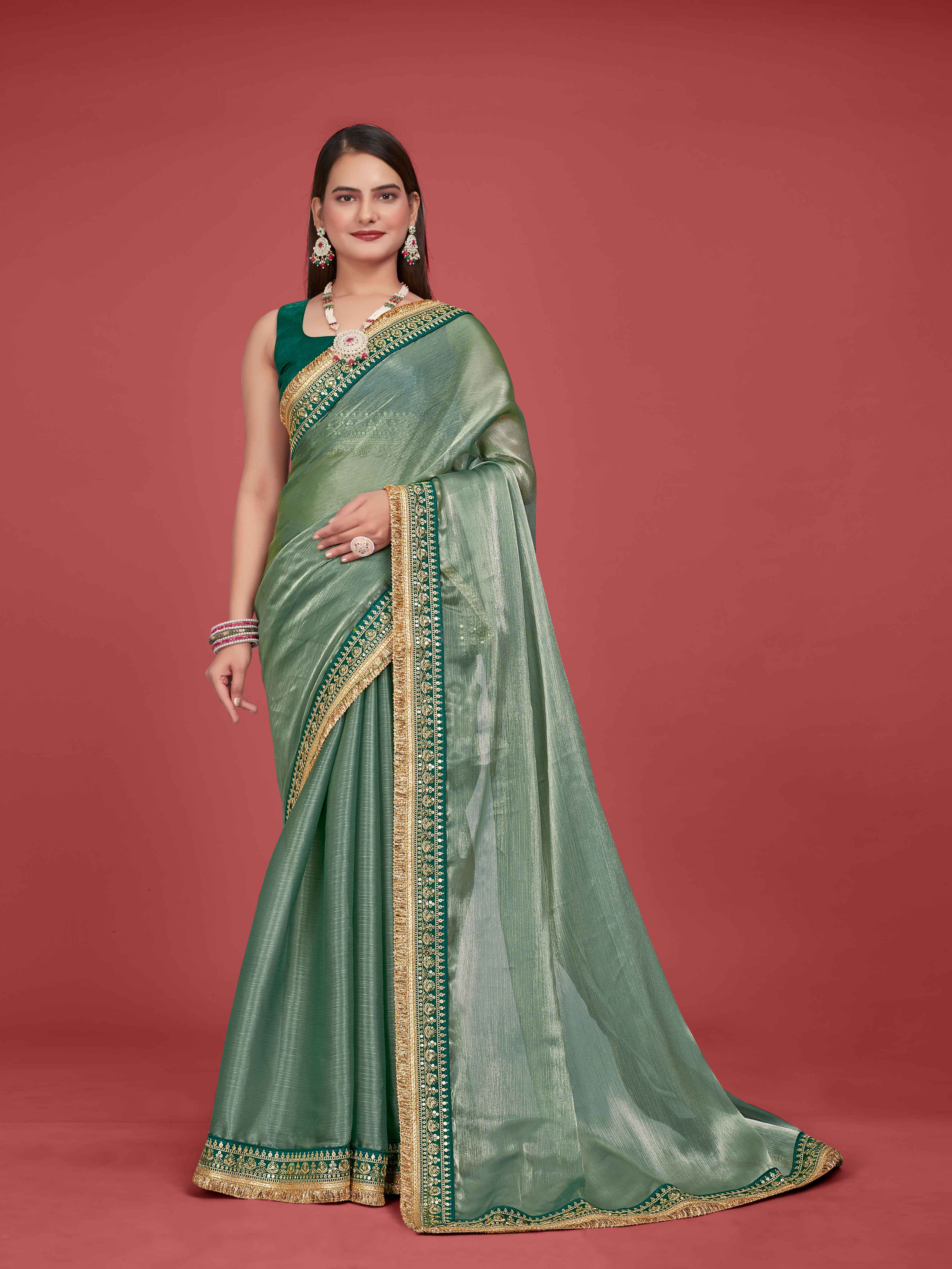 MANOHARI Zimmy Choo Lace Border Work Saree - Green - Dista