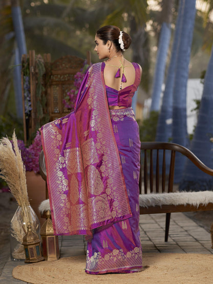MANOHARI Banarasi Silk Blend Jacquard Work Saree - Purple - Dista