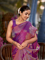Thumbnail for MANOHARI Banarasi Silk Blend Jacquard Work Saree - Purple - Dista