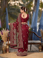 Thumbnail for MANOHARI Banarasi Silk Blend Jacquard Work Saree - Red - Dista
