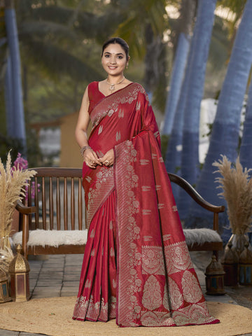 MANOHARI Banarasi Silk Blend Jacquard Work Saree - Red - Dista