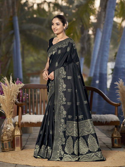 MANOHARI Banarasi Silk Blend Jacquard Work Saree - Black - Dista