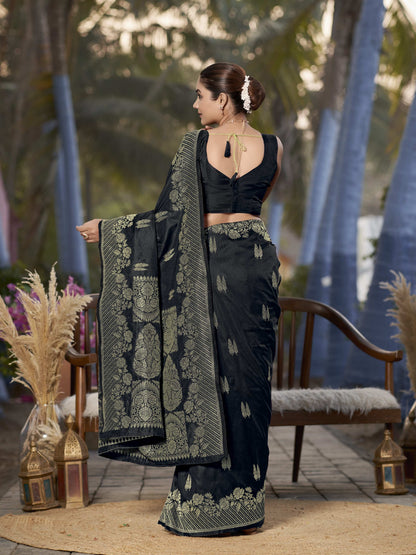 MANOHARI Banarasi Silk Blend Jacquard Work Saree - Black - Dista