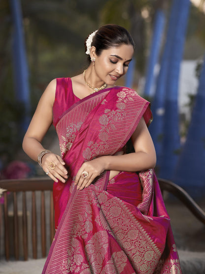 MANOHARI Banarasi Silk Blend Jacquard Work Saree - Pink - Dista