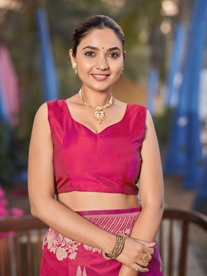 MANOHARI Banarasi Silk Blend Jacquard Work Saree - Pink - Dista