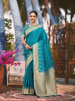 Thumbnail for MANOHARI Banarasi Silk Blend Jacquard Work Saree - Turquoise - Dista