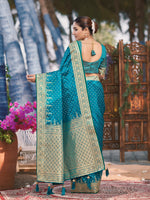 Thumbnail for MANOHARI Banarasi Silk Blend Jacquard Work Saree - Turquoise - Dista