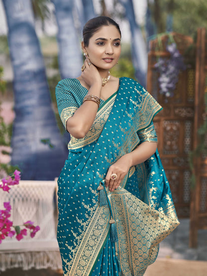 MANOHARI Banarasi Silk Blend Jacquard Work Saree - Turquoise - Dista