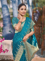 Thumbnail for MANOHARI Banarasi Silk Blend Jacquard Work Saree - Turquoise - Dista