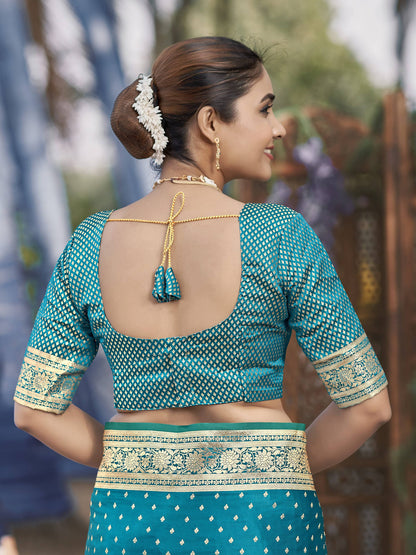 MANOHARI Banarasi Silk Blend Jacquard Work Saree - Turquoise - Dista
