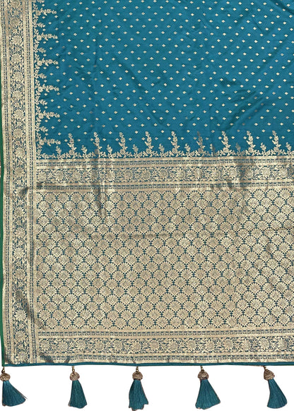 MANOHARI Banarasi Silk Blend Jacquard Work Saree - Turquoise - Dista
