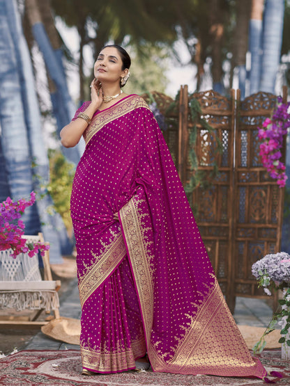 MANOHARI Banarasi Silk Blend Jacquard Work Saree - Pink - Dista