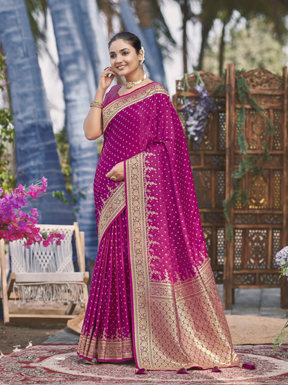 MANOHARI Banarasi Silk Blend Jacquard Work Saree - Pink - Dista