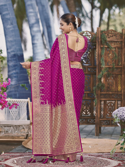 MANOHARI Banarasi Silk Blend Jacquard Work Saree - Pink - Dista
