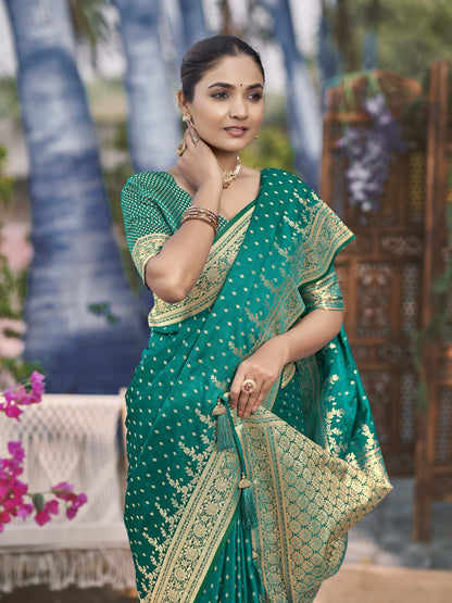 MANOHARI Banarasi Silk Blend Jacquard Work Saree - Green - Dista