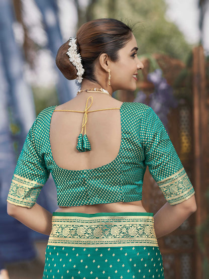MANOHARI Banarasi Silk Blend Jacquard Work Saree - Green - Dista