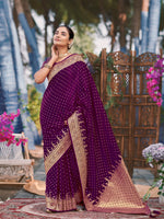 Thumbnail for MANOHARI Banarasi Silk Blend Jacquard Work Saree - Purple - Dista