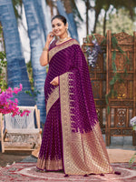 Thumbnail for MANOHARI Banarasi Silk Blend Jacquard Work Saree - Purple - Dista