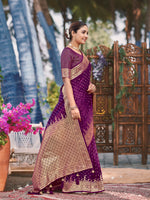 Thumbnail for MANOHARI Banarasi Silk Blend Jacquard Work Saree - Purple - Dista