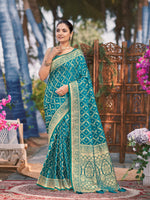 Thumbnail for MANOHARI Banarasi Silk Blend Jacquard Work Saree - Turquoise - Dista
