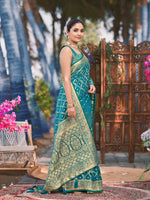 Thumbnail for MANOHARI Banarasi Silk Blend Jacquard Work Saree - Turquoise - Dista