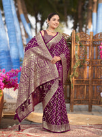 Thumbnail for MANOHARI Banarasi Silk Blend Jacquard Work Saree - Purple - Dista