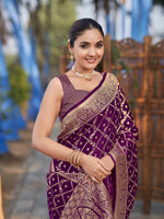 Thumbnail for MANOHARI Banarasi Silk Blend Jacquard Work Saree - Purple - Dista