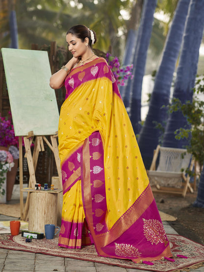 MANOHARI Banarasi Silk Blend Jacquard Work Saree - Yellow - Dista