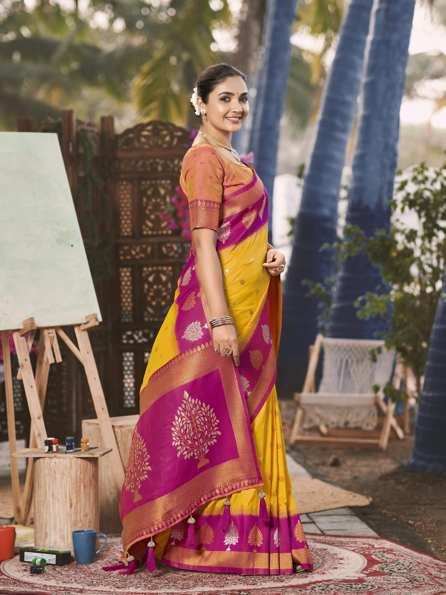 MANOHARI Banarasi Silk Blend Jacquard Work Saree - Yellow - Dista