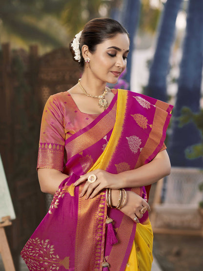 MANOHARI Banarasi Silk Blend Jacquard Work Saree - Yellow - Dista