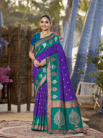 MANOHARI Banarasi Silk Blend Jacquard Work Saree - Purple - Dista