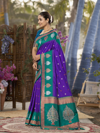 MANOHARI Banarasi Silk Blend Jacquard Work Saree - Purple - Dista