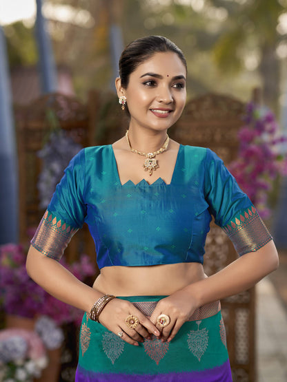 MANOHARI Banarasi Silk Blend Jacquard Work Saree - Purple - Dista