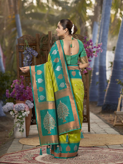 MANOHARI Banarasi Silk Blend Jacquard Work Saree - Green - Dista