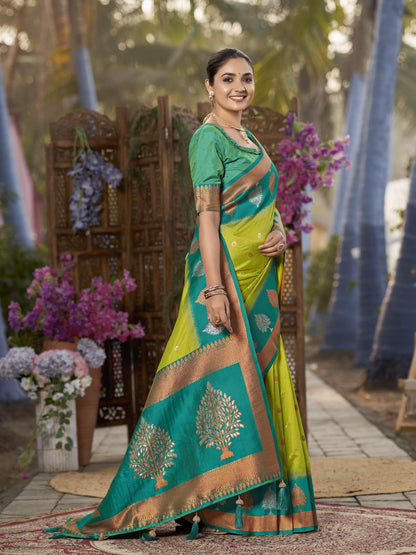 MANOHARI Banarasi Silk Blend Jacquard Work Saree - Green - Dista