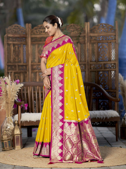 MANOHARI Banarasi Silk Blend Jacquard Work Saree - Yellow - Dista