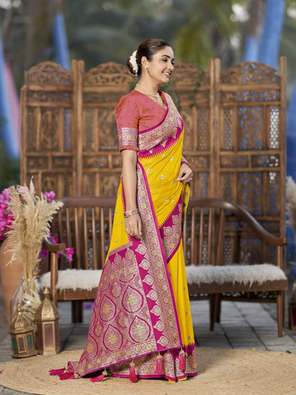 MANOHARI Banarasi Silk Blend Jacquard Work Saree - Yellow - Dista