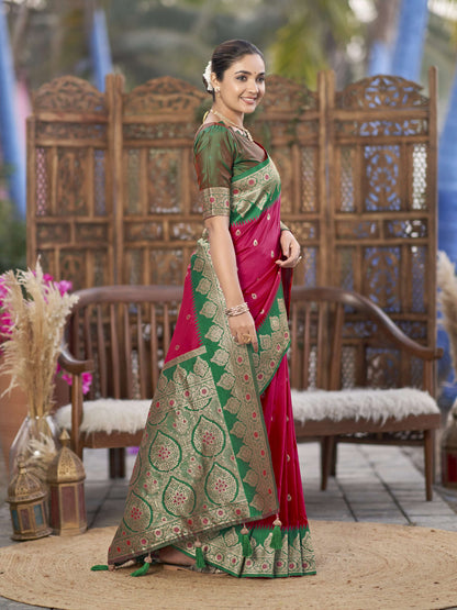 MANOHARI Banarasi Silk Blend Jacquard Work Saree - Pink - Dista
