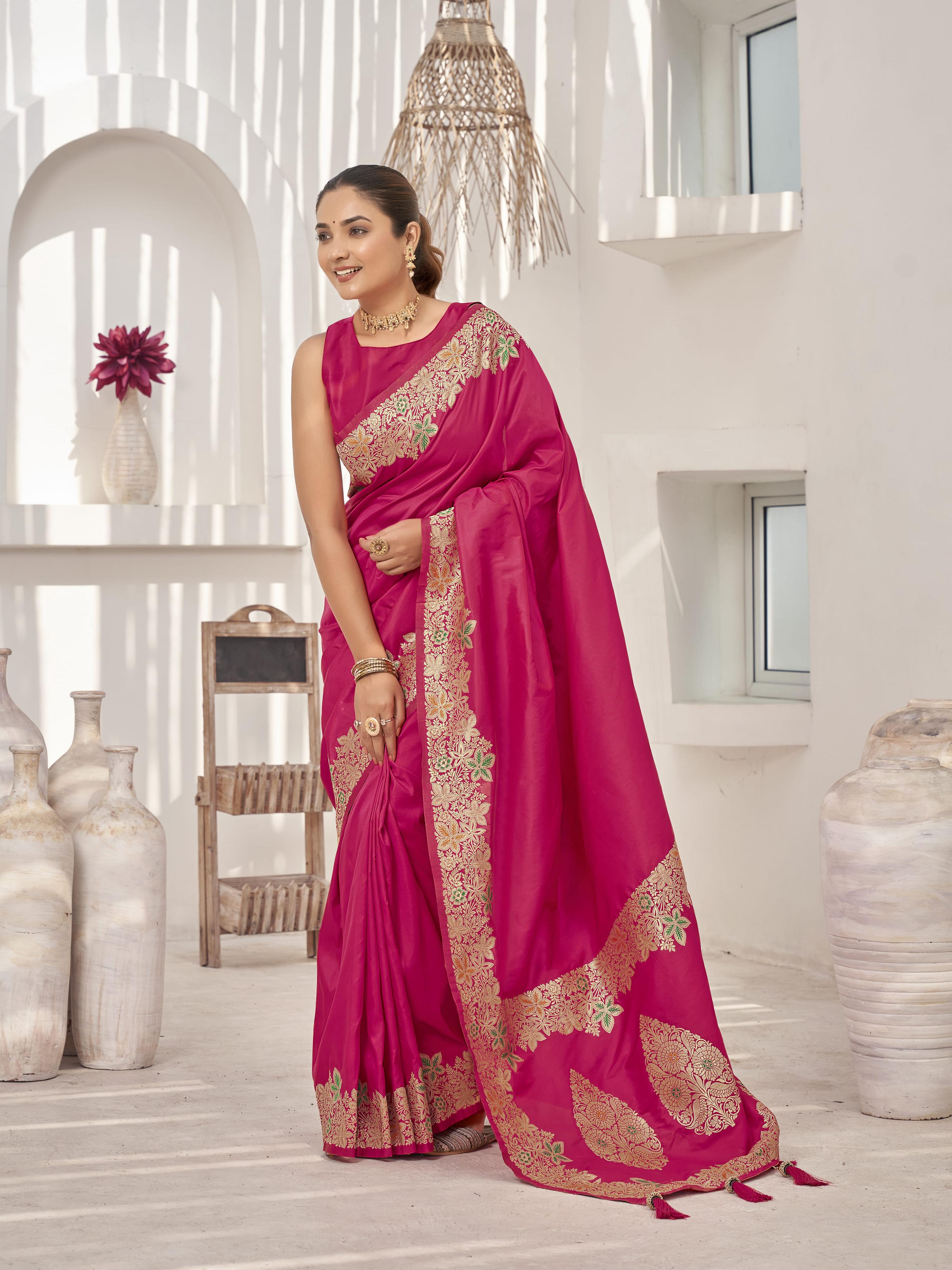 MANOHARI Banarasi Silk Blend Jacquard Work Saree - Pink - Dista