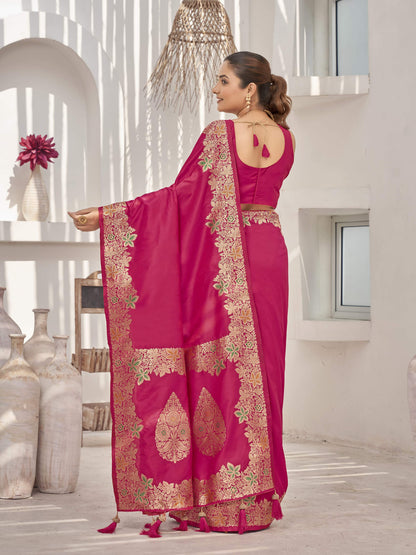 MANOHARI Banarasi Silk Blend Jacquard Work Saree - Pink - Dista