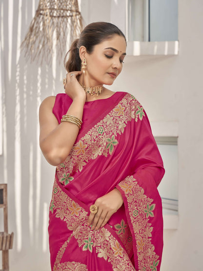 MANOHARI Banarasi Silk Blend Jacquard Work Saree - Pink - Dista