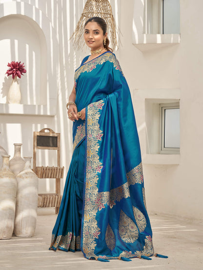 MANOHARI Banarasi Silk Blend Jacquard Work Saree - Blue - Dista