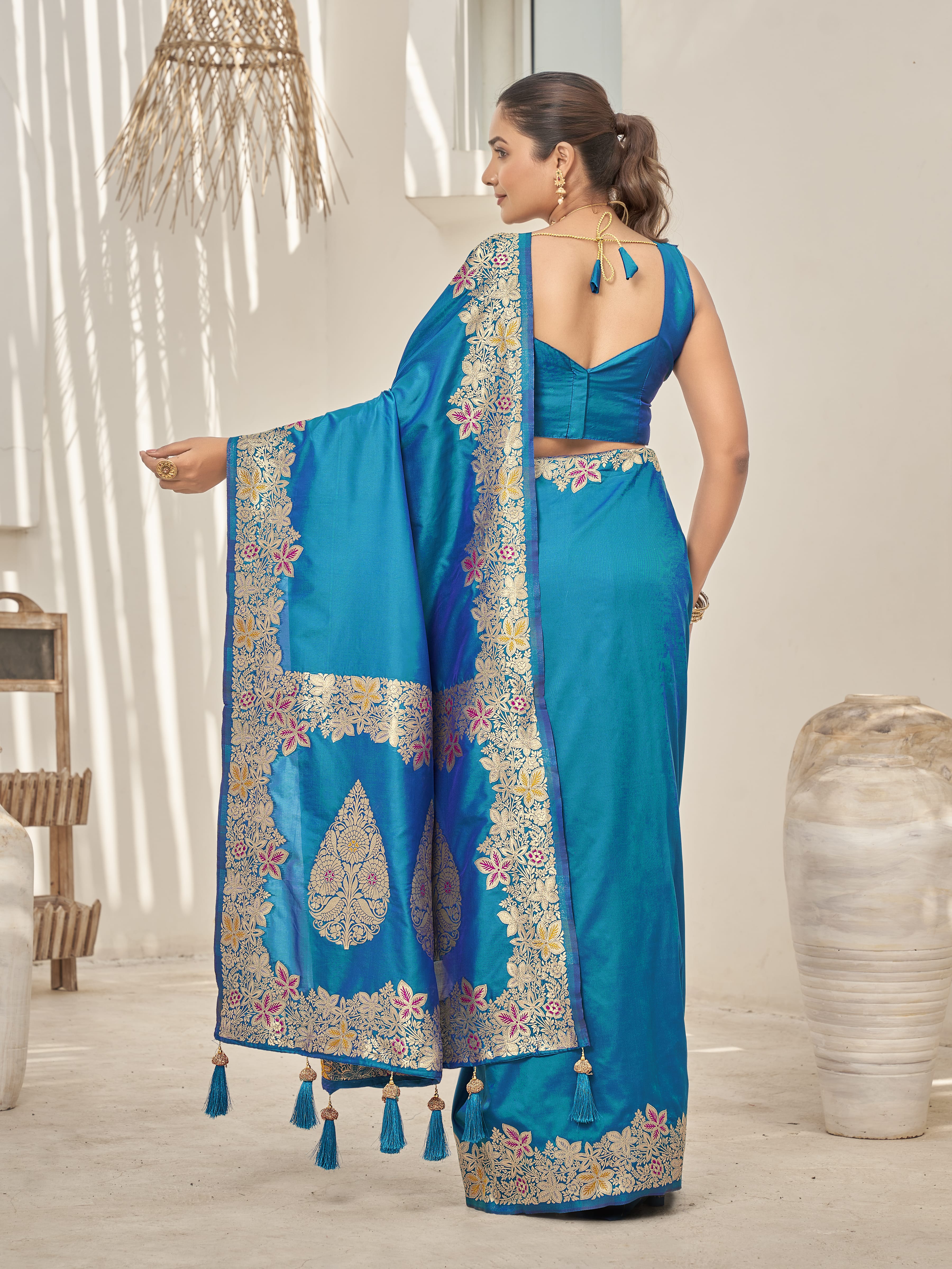 MANOHARI Banarasi Silk Blend Jacquard Work Saree - Blue - Dista