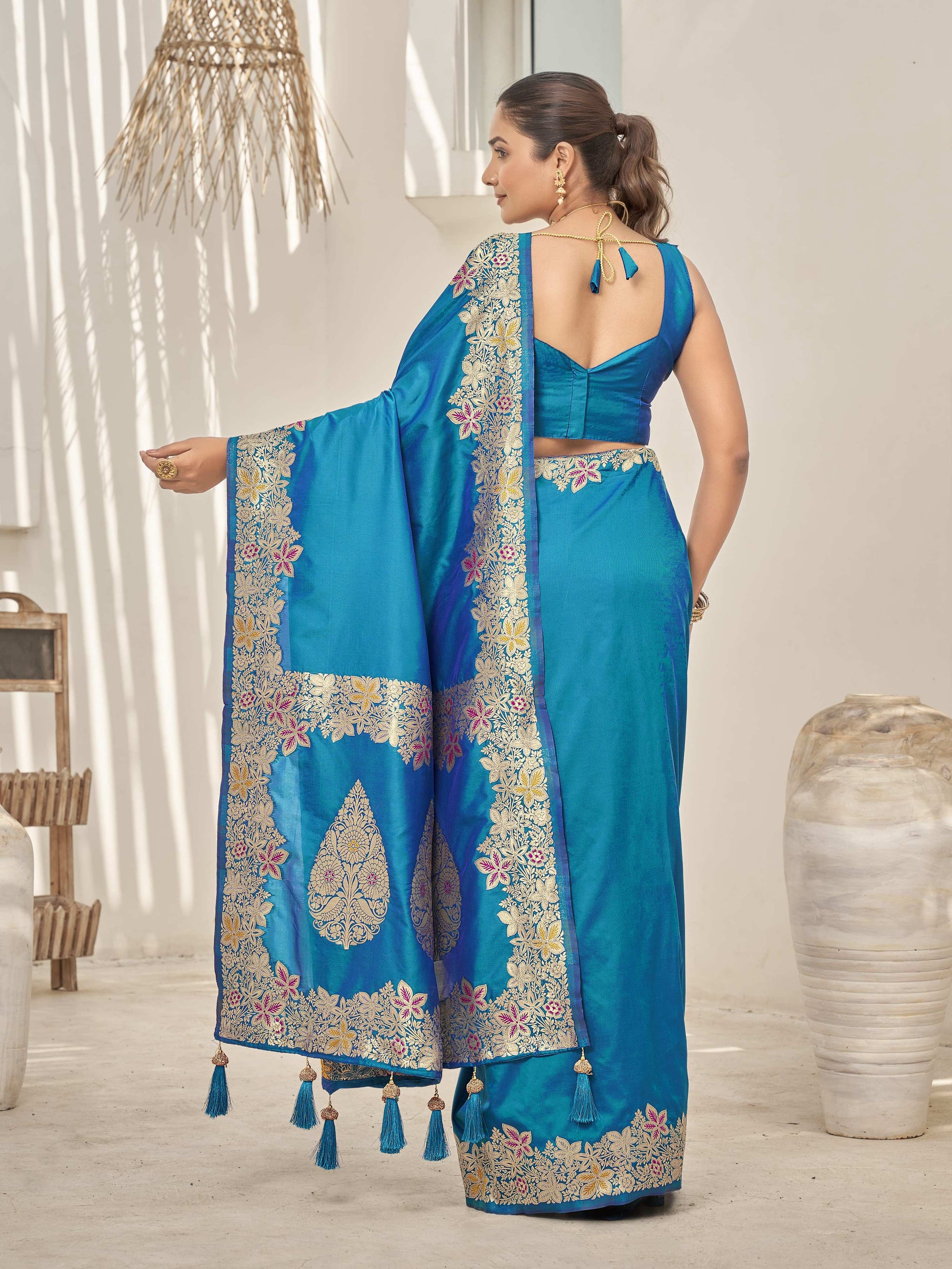 MANOHARI Banarasi Silk Blend Jacquard Work Saree - Blue - Dista
