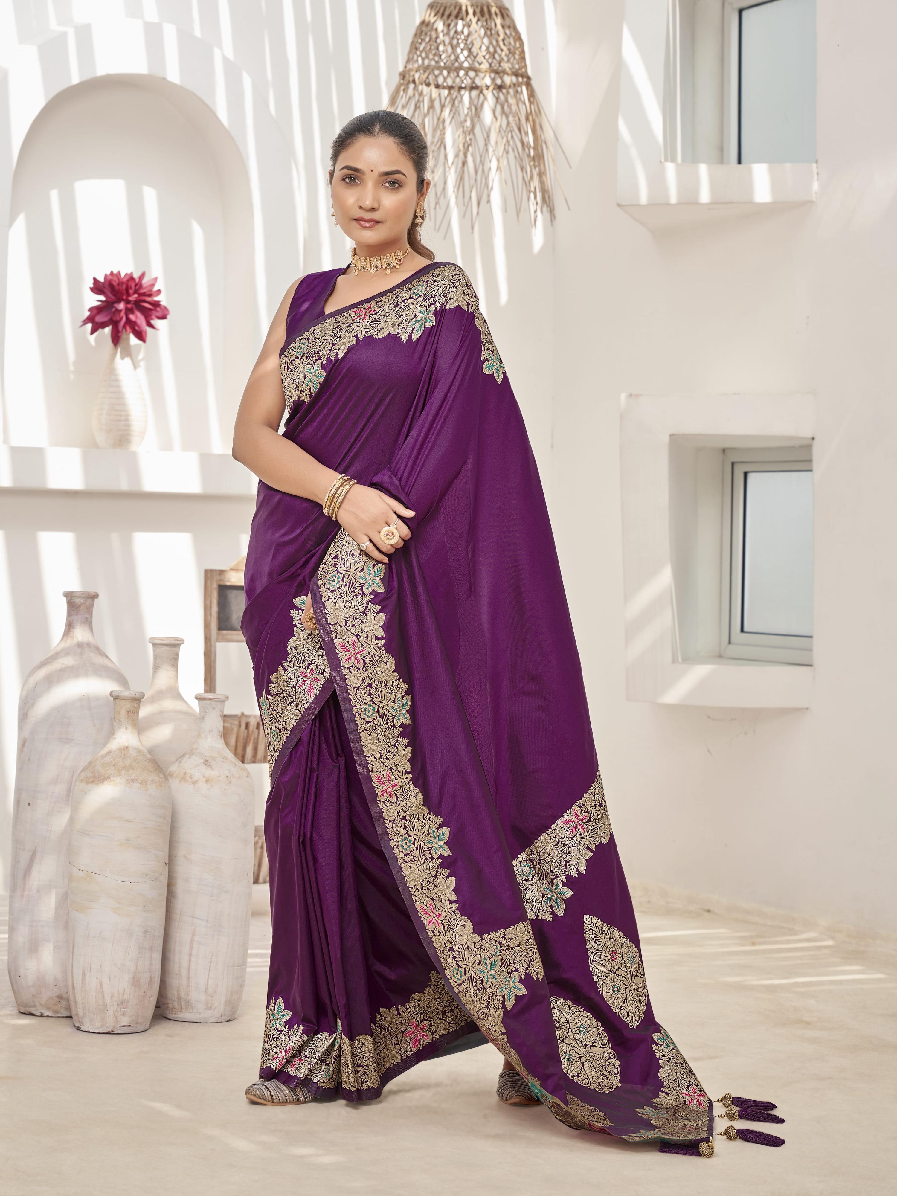 MANOHARI Banarasi Silk Blend Jacquard Work Saree - Purple - Dista