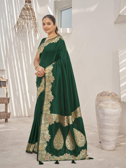 MANOHARI Banarasi Silk Blend Jacquard Work Saree - Green - Dista