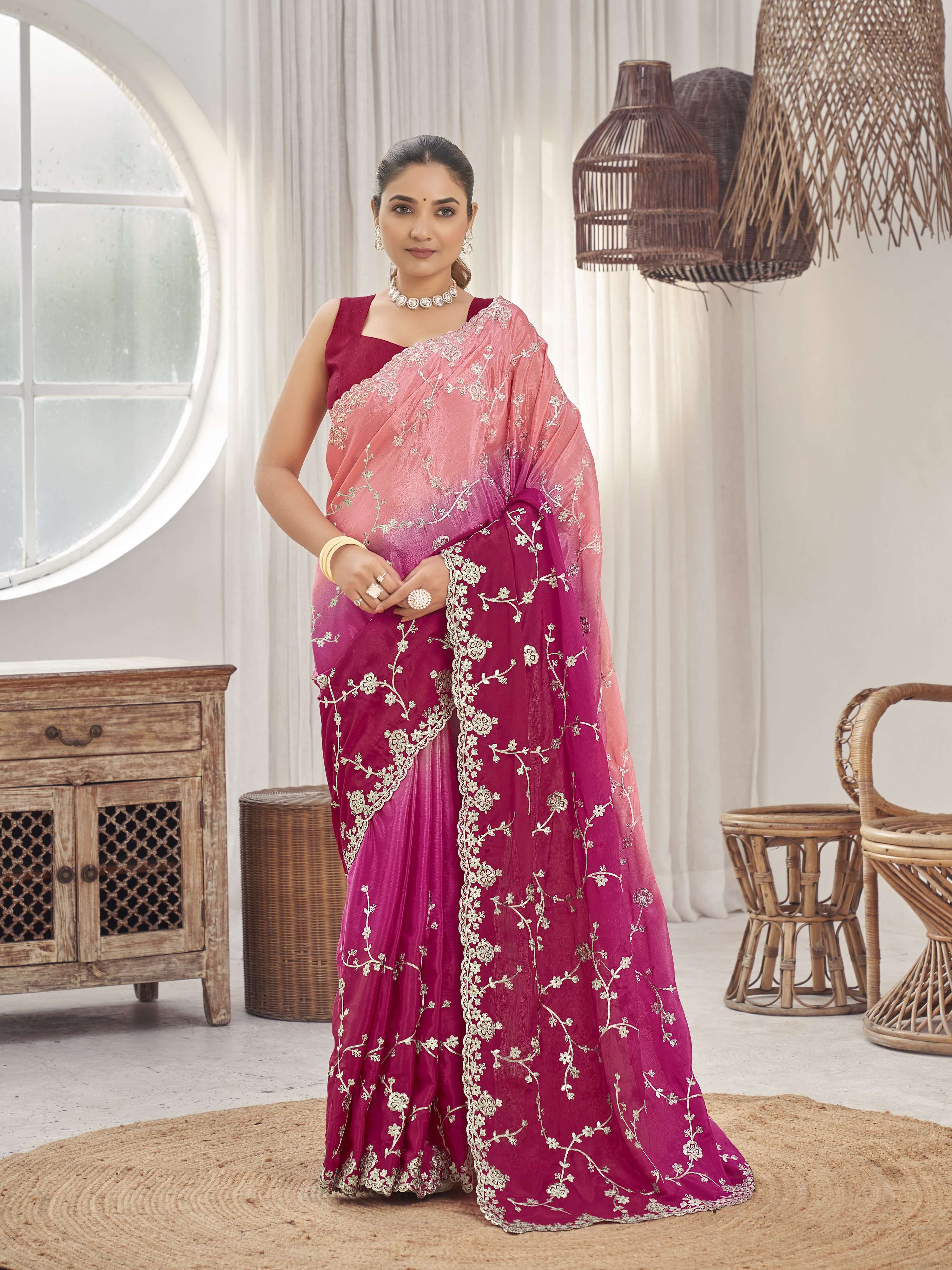 MANOHARI Georgette Embroidered Work Saree - Pink - Dista