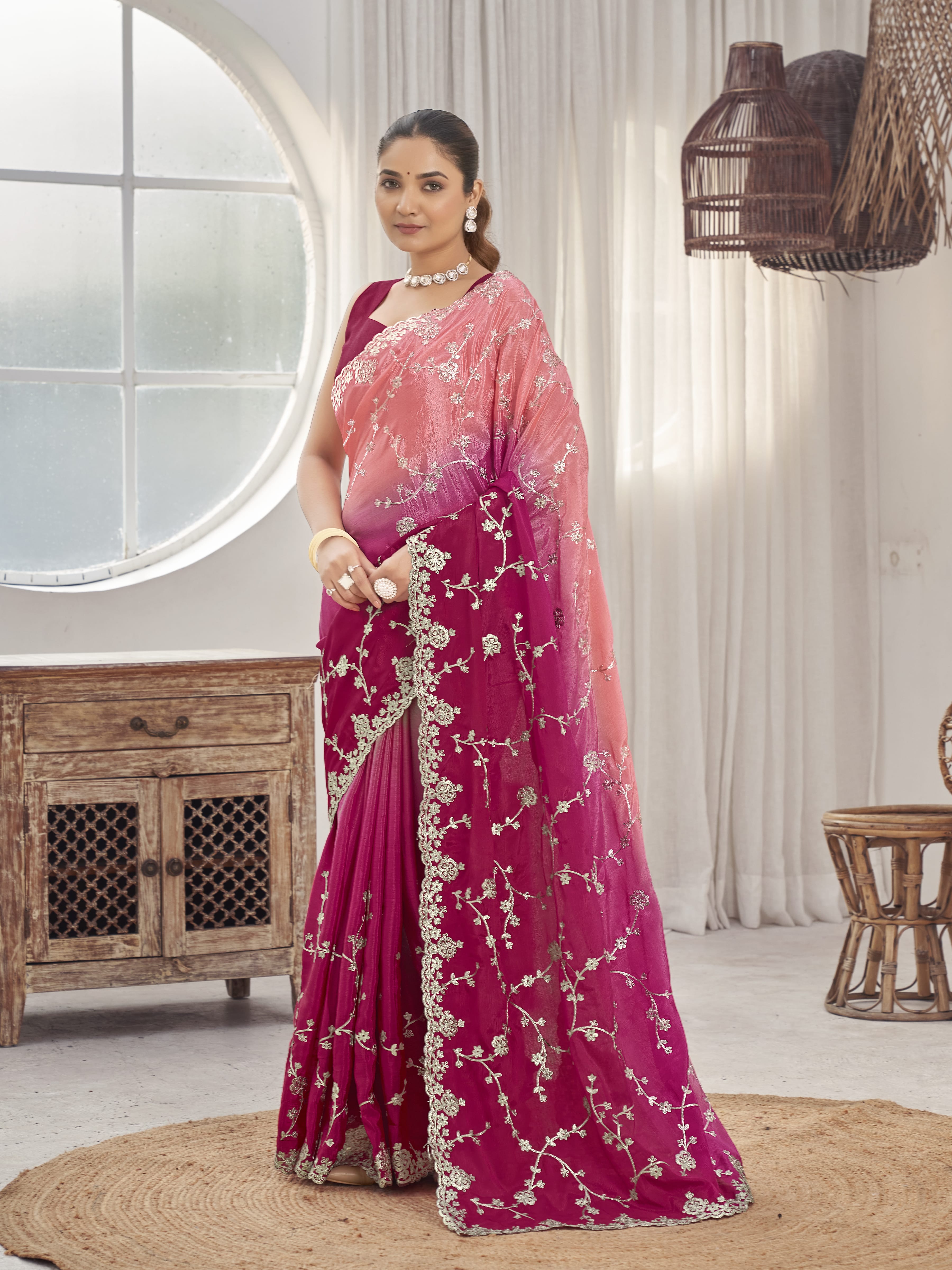 MANOHARI Georgette Embroidered Work Saree - Pink - Dista