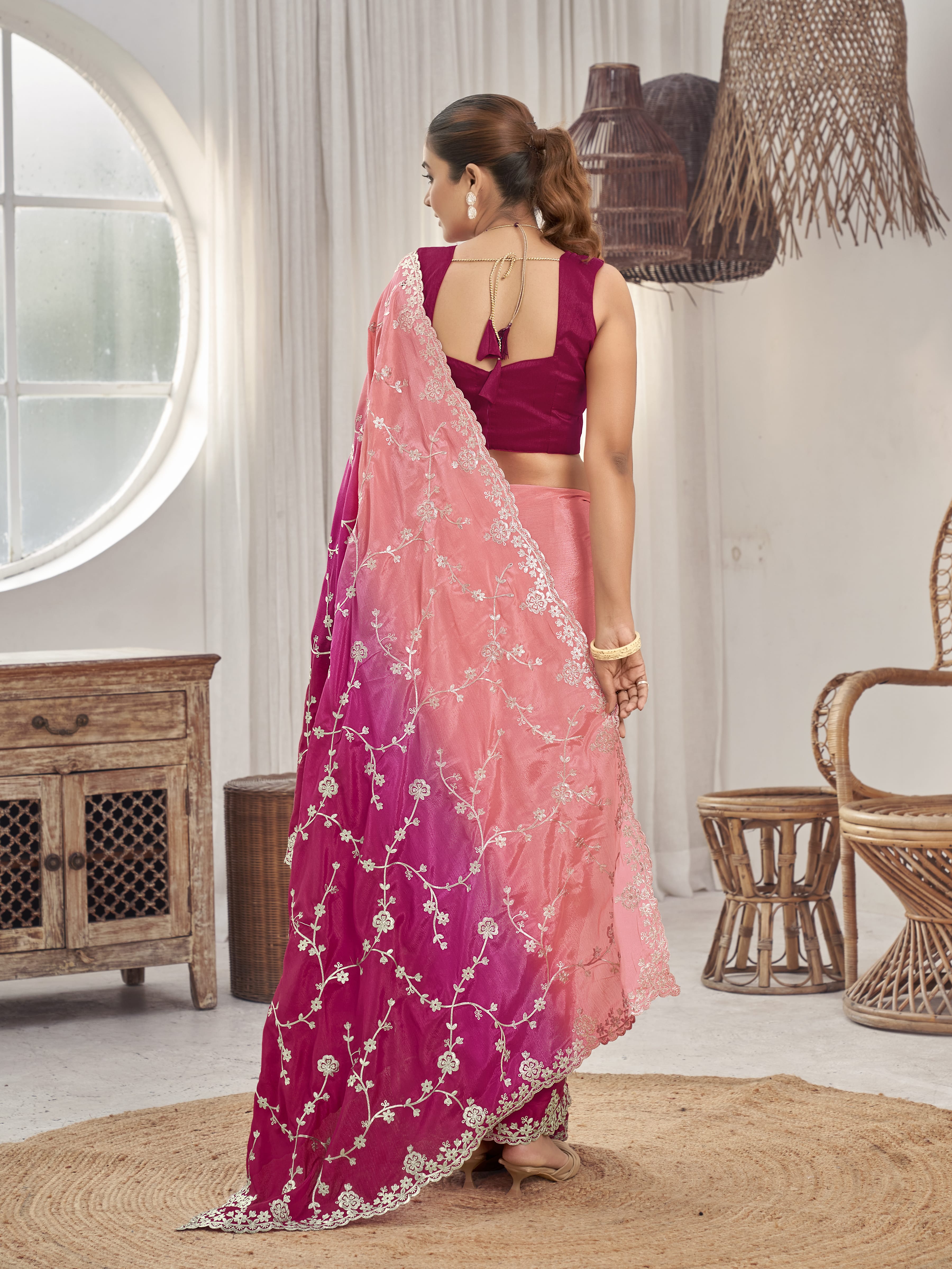 MANOHARI Georgette Embroidered Work Saree - Pink - Dista
