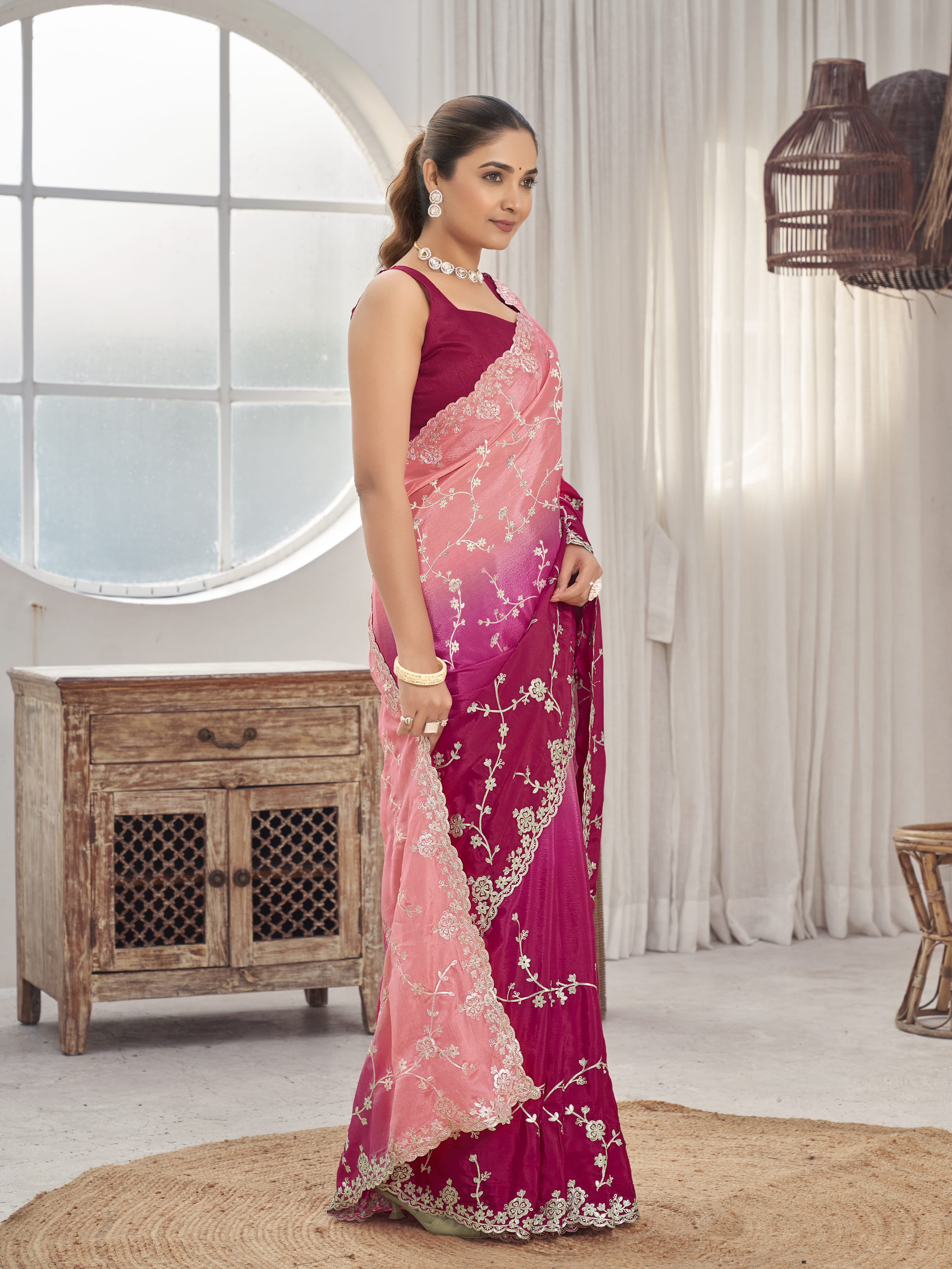 MANOHARI Georgette Embroidered Work Saree - Pink - Dista